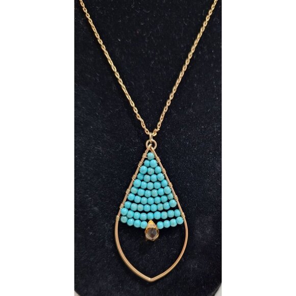 EUC Stella and Dot Gold-tone Necklace W/ Teardrop Turquoise Bead Pendant & Cryst - Picture 4 of 6